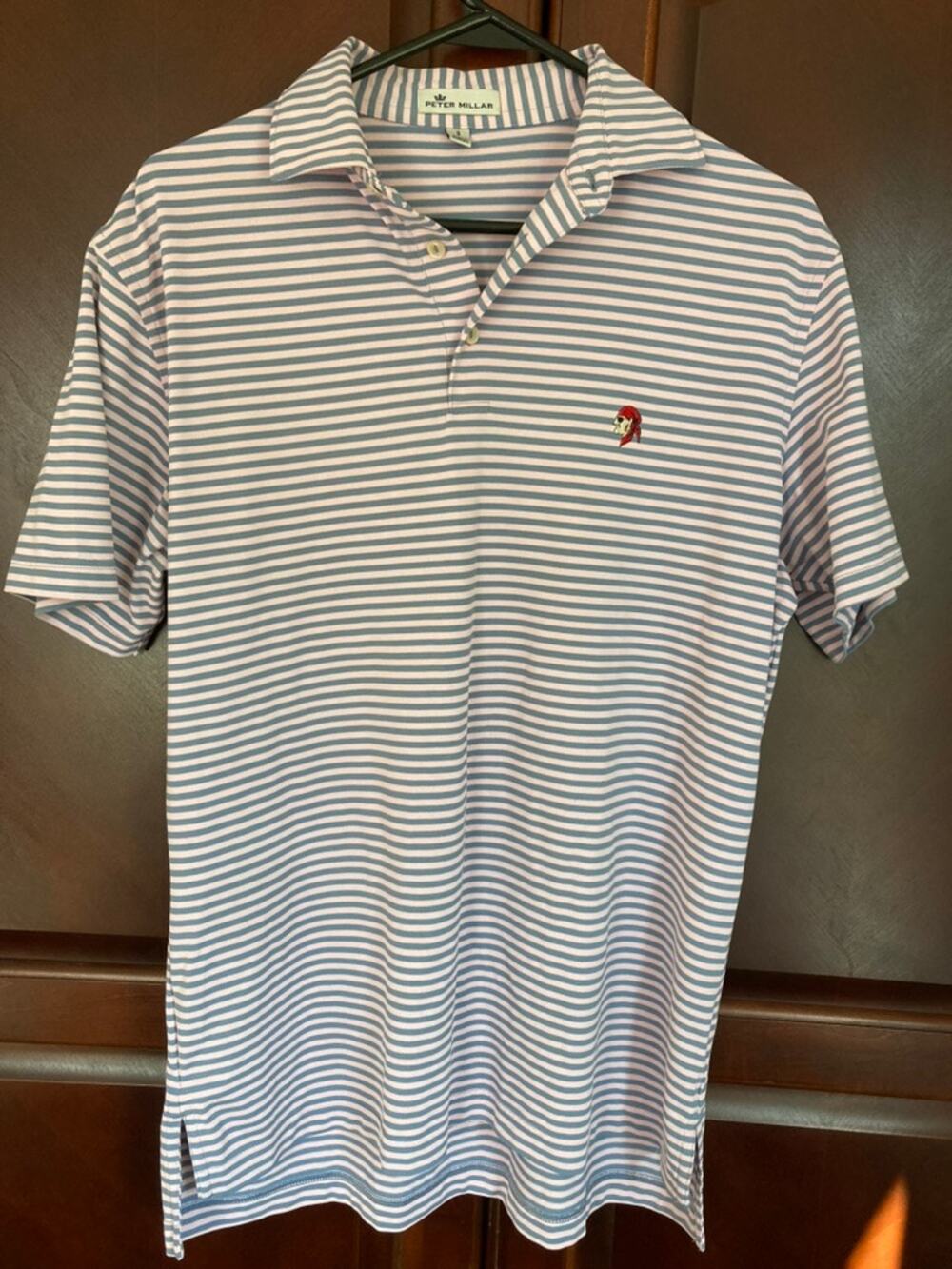 Peter Millar -Blue Pink Striped Performance Polo Pirate Embroidered Chest Logo-S